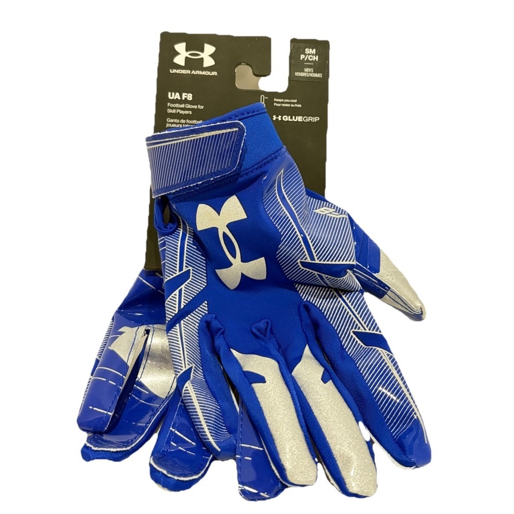 Under Armour Mens UA F8 Adult Football Receivers Gloves Running Back Gloves Blue